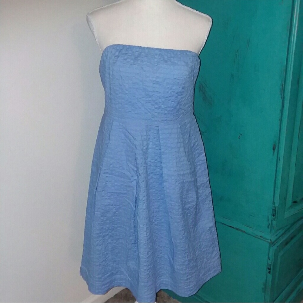 J. Crew Factory strapless seersucker periwinkle dress with pockets!